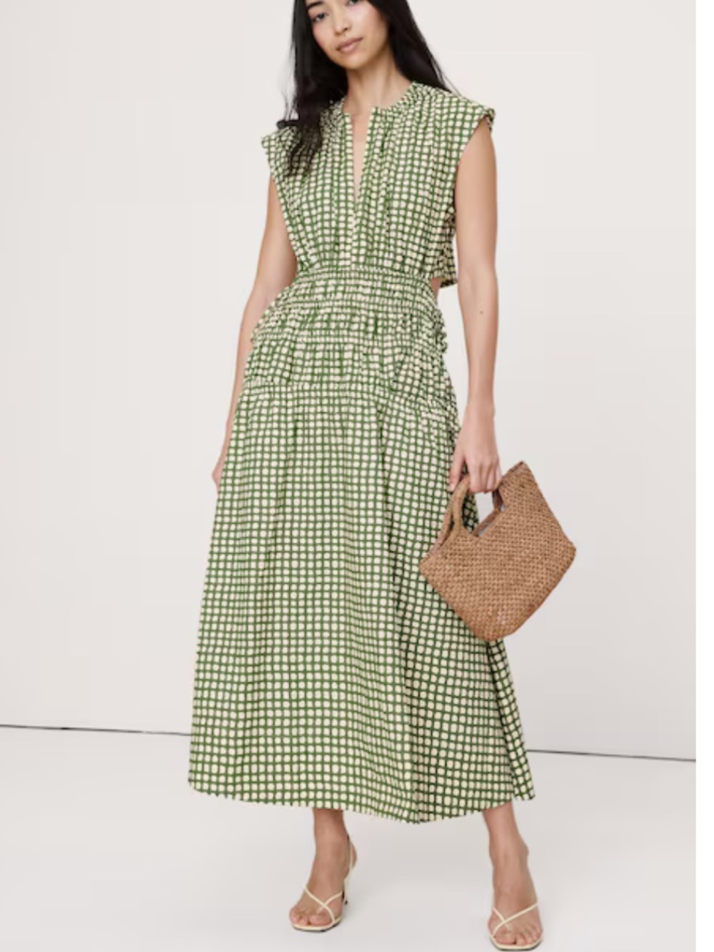 Banana Republic Smocked Cotton Poplin Open Back Maxi Dress Green L